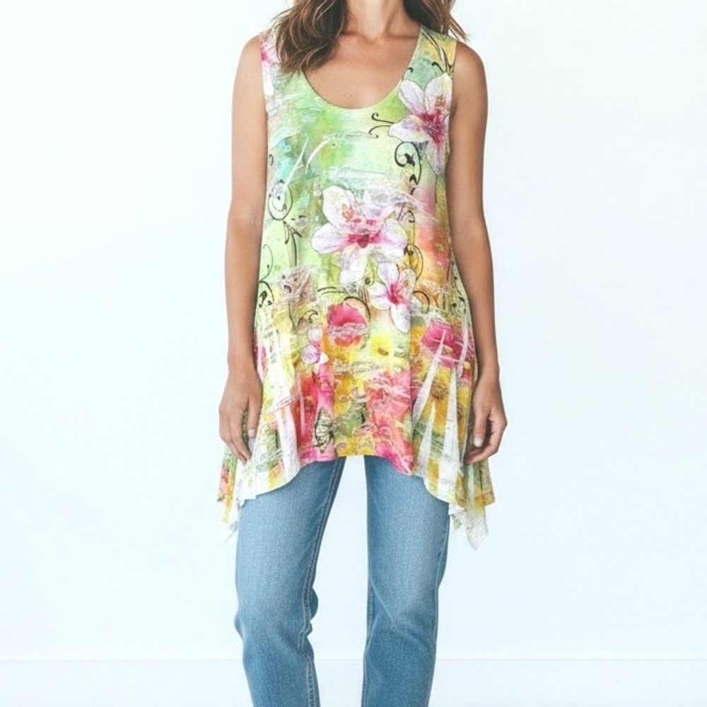 Fairycore Grunge Tunic Top Fantazia XL Green Pink Floral Ripped Sleeveless Artsy